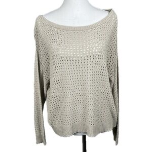 Pink Lily Open Knit Beige Sweater Sz M Coastal Boho  Festival Neutral Beach